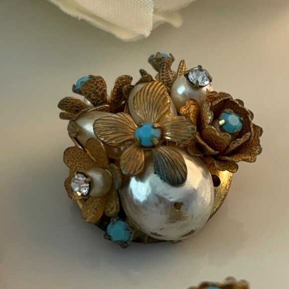 HASKILL-STYLE VINTAGE RHINESTONE BEADED BROOCH & EARRINGS - Picture 4 of 10